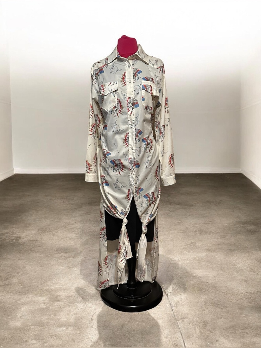 Cowgirl Full Length  Button-Up Shirt Dress with Red & Blue Feather Print